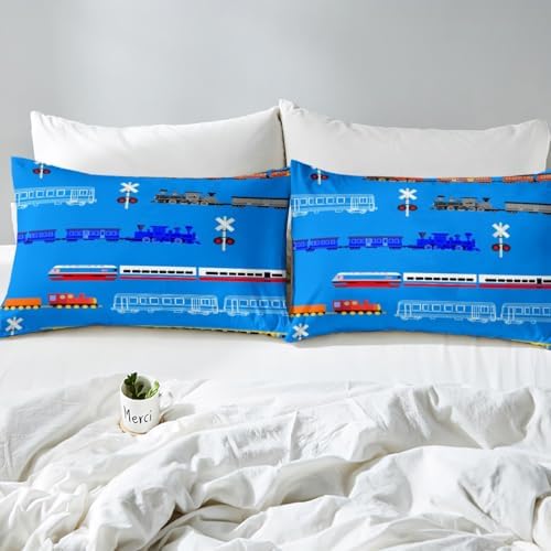 Erosebridal Train Bed Sheets Set for Boys,Cartoon Car Sheet Set for Boys Girls Kids,Vintage Car Sheets with Pocket,Retro Steam Railway Rail Flat Fitted Sheet,Traffic Light Bedding Set,Blue Queen 4Pcs - Image 5