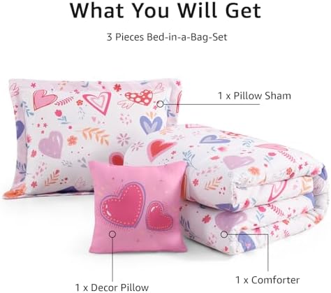 Twin Comforter Set for Girls-3 Pieces Heart Printed Twin Bedding Sets - Image 6