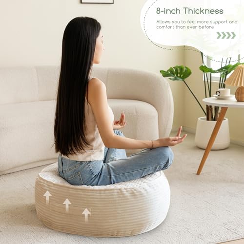 HIGOGOGO 8" Extra Thick Floor Pillow Cushion for Adults, Meditation Cushion Pillow, Large Round Floor Sitting, Tufted Corduroy Cover, for Tatami Living Room or Yoga, 22x22 Inch, 2Pack, Beige - Image 5