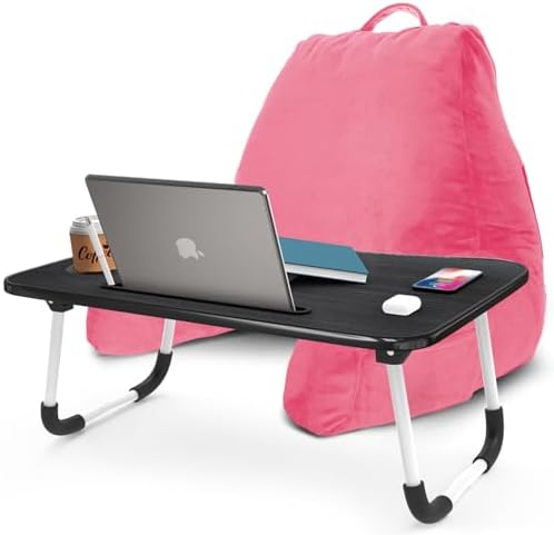 Nestl Reading Pillow with Portable Laptop Lap Desk - Shredded Memory Foam Back Support Pillow for Sitting Up in Bed and Couch Rest Pillows with Arms, Bed Tray Table with Foldable Legs, Light Pink by Nestl
