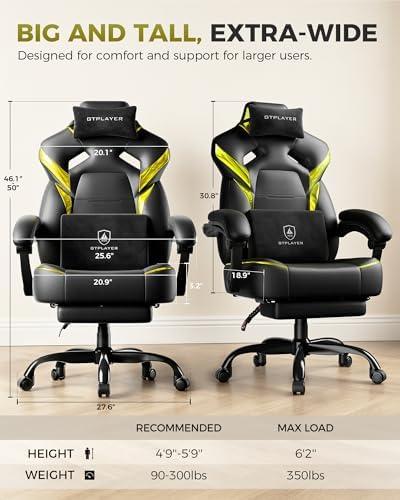 GTPLAYER Big and Tall Gaming Chair with Footrest, High Back Ergonomic Office Chair for Adults, Heavy Duty 350 lbs Capacity, Premium Leather & Iridescent Trim, ACE-Armor, Yellow - Image 2