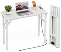Folding Table Computer Desk - 35.8" No Assembly Folding Desk with Power Outlets & USB Charging Port, Small Desk, Foldable Office Desk, Compact Storage Portable Use for Small Space, White Ash by HMFOR