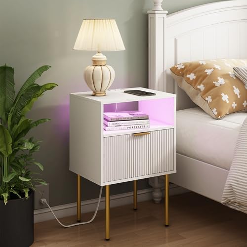 Modern Nightstand with Charging Station and LED Lights, White Bedside Table with Drawer, Fluted Side Table for Living Room, Bedroom - Image 3
