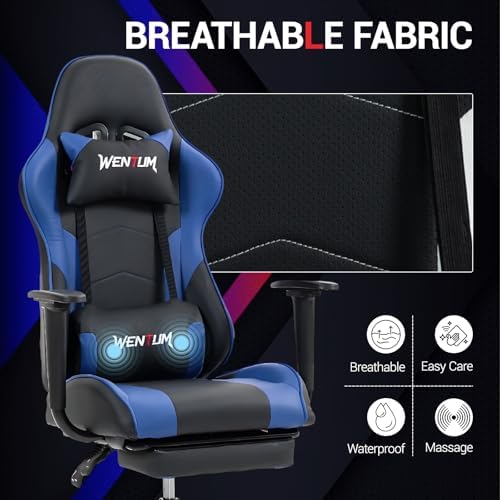 Gaming Chair with Footrest, Ergonomic PC Desk Chair with Headrest and Massage Lumbar Support, Video Game Chair with Height Adjustable High Back for Home Office, PU Leather, Blue - Image 6