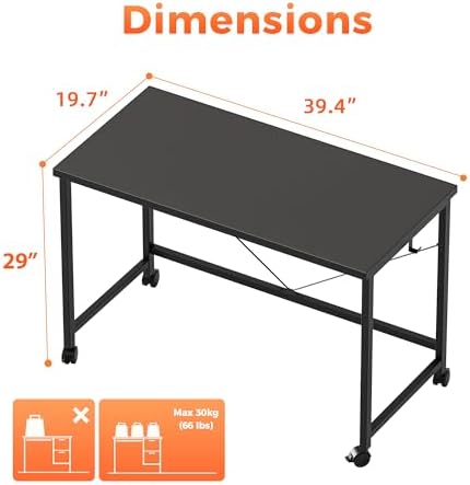 Mericonia 39x20 Inch Computer Desk with Wheels, Small Simple Rolling Desk - Image 2