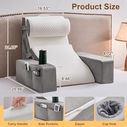 Reading Pillow for Sitting in Bed Adult, Back Pillow for Bed Sitting up with Arms, Pockets and Cup holder, Sit Up Backrest Pillows for Beds Chair Support, Rest Pillow for Gaming (Light gray, 5PCS) - Image 2