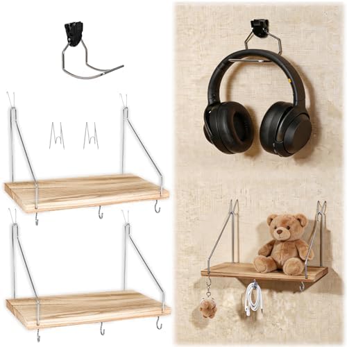 Fabric Wall 2 Pack Wooden Cubicle Shelf with 1 Headphone Stand Hanging Silver Hanger, Office Organizer Accessories, Women Men Desk Organizer Stylish Ations Holder, Desk Work Space Storage Hook by Unknown