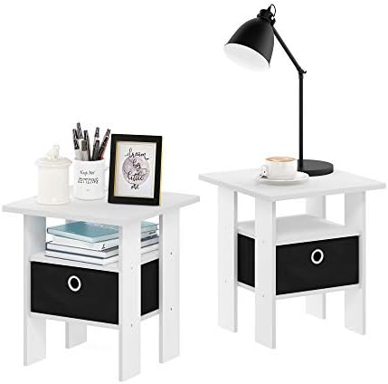 Furinno Andrey Set of 2 End Side Night Stand/Bedside Table with Bin Drawer, 2-Pack, White/Black - Image 6