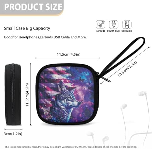 American Flag Wolf Earbuds Case Portable Earbuds Carrying Case, Portable Earphone Case Phone Accessories Organizer with Handle for SD Card, USB Charging Cable - Image 5