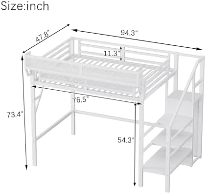 KEIKI Twin Size Metal Loft Bed Frame with Convertible Staircase, Built-in Storage Shelves & Wardrobe, Loft Bed with Solid Slats & Guardrail, No Box Spring Required, Easy Assembly, for Bedroom, White - Image 2
