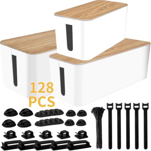 128PCS Cable Management Box 3Pack Cable Management Kit for Power Strip to Hide Wires,Cord Hider Boxes,Cord Box Safe ABS Material Wire Organizer of Cable Clips Sleeve for Home & Office, White by YUANYE