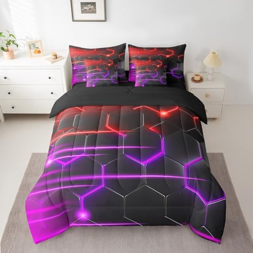 Feelyou Honeycomb Bedding Set Geometrical King Comforter Set with Sheets for Kids Boys Girls Teens Room Decor Modern Hexagon Theme Bed in a Bag 7 Piece Beehive Red Purple Bed Set - Image 2