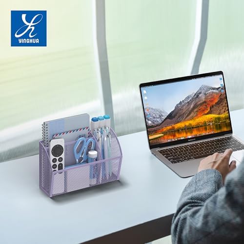 YINGHUA 3 Compartment Magnetic Metal Mesh Pen Holder, Purple Desk Caddy - Image 6