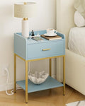 Masupu Nightstand with Charging Station,3-Tier Modern Bedside Night Stand with Storage Drawer and Shelf,Small End Side Table for Bedroom,Living Room,Gold and Blue by Masupu