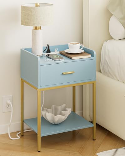 Masupu Nightstand with Charging Station,3-Tier Modern Bedside Night Stand with Storage Drawer and Shelf,Small End Side Table for Bedroom,Living Room,Gold and Blue by Masupu
