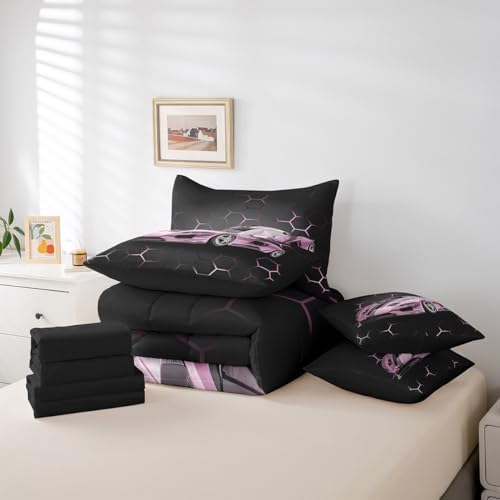 Feelyou Race Car Queen Comforter Set with Sheets for Kids Boys Girls Honeycomb Speed Sports Car Bed in a Bag Pink Extreme Sports Bedding Set 7 Piece Bedroom Decor Hexagon Theme Bed Set - Image 6