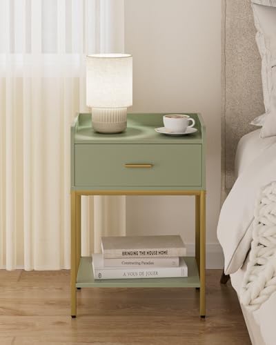 Masupu Nightstand,Bedside Table 3-Tier Modern Night Stand with Storage Drawer and Shelf,Small End Side Table for Bedroom,Living Room,Black (Without Outlet, Green) - Image 3