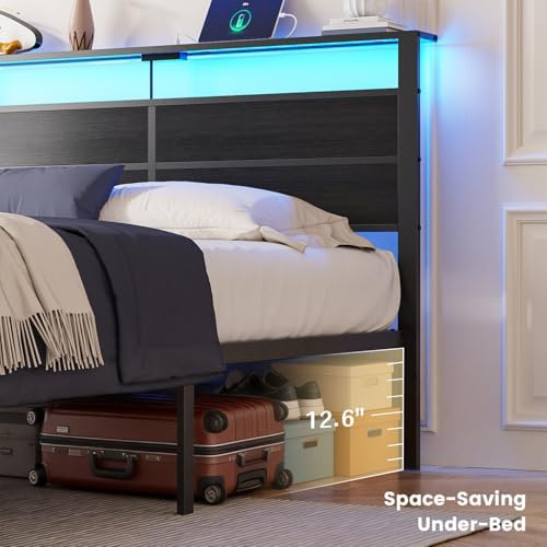 Queen Size Bed Frame with LED Lights and Charging Station Headboard - Image 6