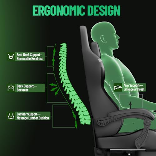 Ferghana PU Leather Gaming Chair, Ergonomic High Back Gamer Chair with Footrest and Linkage Armrest, Office Computer Video Game Chair for Adult, Grey/Black/Green - Image 7