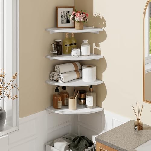 Homode Corner Floating Shelves, Set of 4 Round Corner Shelf Wall Mount with Cord Hole, 12 Inch Wood Curved Corner Hanging Shelf for Cable Box, Speaker, TV Cords, Books, Plants, White - Image 2
