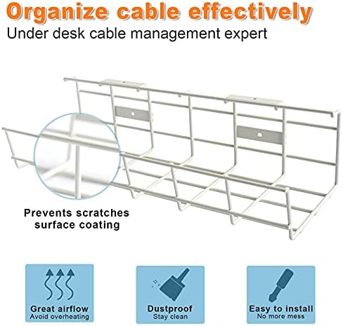 Under Desk Cable Tray - 2 Pack Cable Raceway for Wire Management. Metal Wire Organizer for Office, Studio and Home. Super Sturdy Cord Organizer for Desk - White Cable Management Under Desks - Image 3