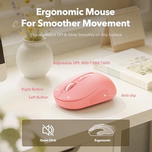 Wireless Keyboard and Mouse Combo, Cute Full-Size Retro Typewriter Keyboard with Round Keycaps, Magnetic Wrist Rest, Tilt Legs, 2.4GHz Cordless for Mac, Windows PC, Laptop, SABLUTE CK23, Baby Pink - Image 6