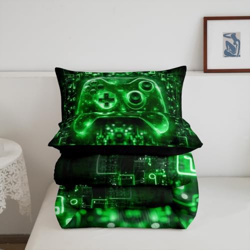 Feelyou Kids Boys Gamer Comforter Set Video Game Gamepad Queen Size Bedding Set for Teens Green Black Game Gaming Comforter Soft Microfiber - Image 5