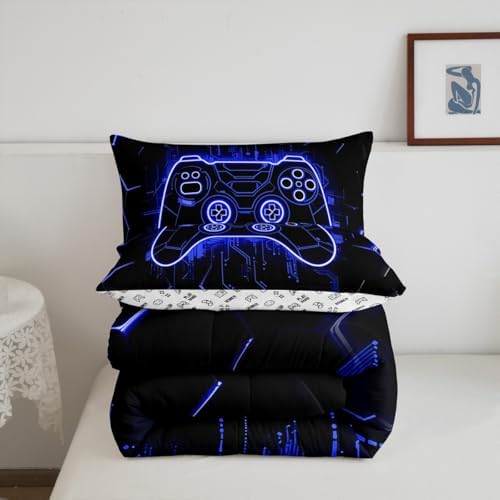 Feelyou Kids Blue Gamer Comforter Set Toddler Size, Honeycomb Gaming Comforter Boys Girls Modern Game Console Bedding Set Game Teens Duvet Set Bedroom Decor with 1 Pillow Case - Image 6