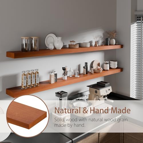 72 inch Long Floating Shelves for Wall,Solid Wood Long Shelves Set of 2,Orange Rustic Wall Mounted Shelves with Heavy Duty Brackets (Orange, 72 Inch) - Image 4