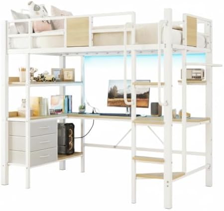 Garvee Twin Loft Bed with Desk and Stairs, Heavy Duty Loft Bed with RGB LED Lights, Charging Station, 3 Fabric Storage Drawers & 2 Open Shelves, No Box Spring Needed-White - Image 7