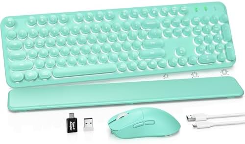 Wireless Keyboard and Mouse Combo, Backlit Round Keycaps, Retro Typewriter Keyboard with Detachable Wrist Rest, Rechargeable & Tilt Legs, 2.4GHz Cordless Connection for Windows/PC (Glowing Turquoise) by SABLUTE