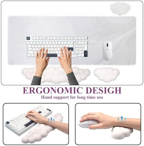 Gaming Desk Mat with Keyboard Wrist Rest Set, 4 in 1 Mouse Pad Set | White Large Mouse Pad& Cloud Keyboard Wrist Rest& Mouse Wrist Rest&Coaster, Comfort and Support for Typing and Gaming - Image 2