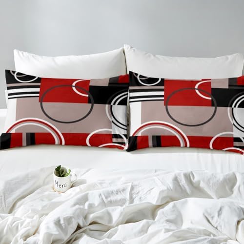 Erosebridal Modern Red Grey Black Stripes Sheet Set Geometric Bed Sheets Full Size Retro Circle Swirls Bedding Set Bedroom Decor Modern Abstract Texture Color Art Fitted Sheet - Image 5