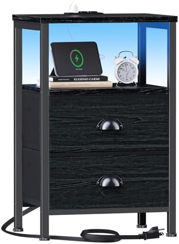 Furologee Night Stand with LED Light, Charging Station, 2 Drawer, Black Oak by Furologee