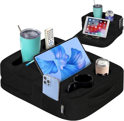 TabCouchCaddy - Couch Cup Holder Tray Pillow - Bed, Couch Caddy, Sofa, RV & Car - Holds Drinks, Snacks, Remotes, Phones, Kindle, Tablet | Bed Cup Holder (Black) by TabCouchCaddy
