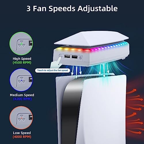 Mcbazel Cooling Fan for PS5 with RGB Light＆Dust Cover, 3-Speed Adjustable Fan, Top Mount PlayStation 5 Cooling System with 2 USB 2.0 Ports, Low Noise Fan Cooler for PS5 Disc/Digital Edition Console - Image 4