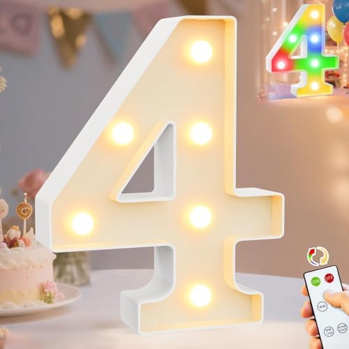 Pooqla LED Light Up Numbers 4, Warm White and Colorful Lighted Marquee Numbers with Remote, Lighted Numbers for 4th 40th Birthday Decorations, Gift for Girls Boys Her Him Anniversary Home Party Decor by Pooqla