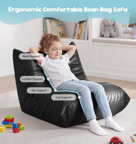 Hobestluk Bean Bag Chair Leather Togo Sofa Memory Foam for Play Room Small | Medium Black,Ergonomic Design,Floor Chair,Waterproof,Easy Clean,Anti-slip Bottom,No Assembly Required,For Bedroom Reading - Image 3