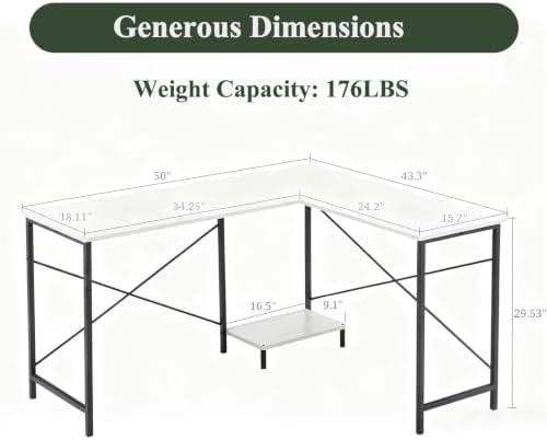 L Shaped Desk Computer Desk, 50inch White Gaming Desk with CPU Stand - Image 3