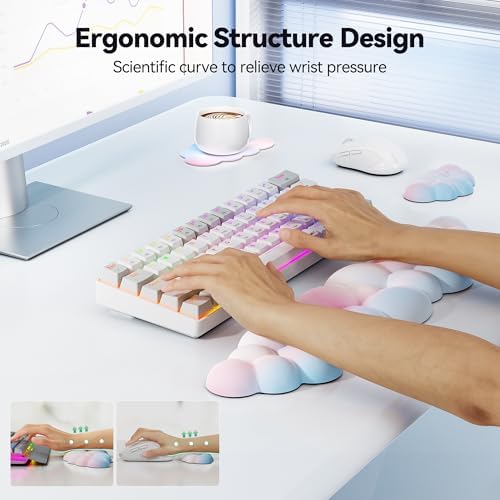 TECKNET Cloud Keyboard Wrist Rest Set, Cloud Wrist Rest with Non-Slip Base, PU Leather Wrist Pad for Keyboard with Ergonomic Memory Foam for Computer Laptop Office Gaming and Pain Relief, Rainbow - Image 2