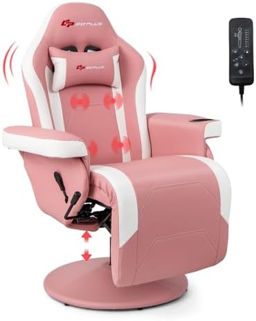 Goplus Pink Gaming Chair, Height Adjustable Massage Video Game Chair with Retractable Footrest, Cup Holder, Headrest, Swivel Office Chair, Racing Style Swivel Gamer Chair by Goplus