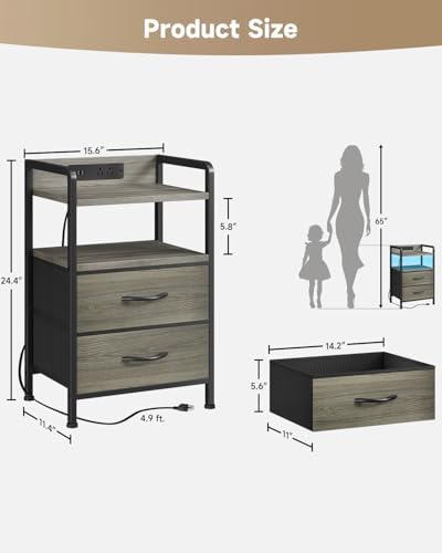 Lazzanto Nightstand with Rear Charging Station, LED Light, 2 Drawers, Grey - Image 3