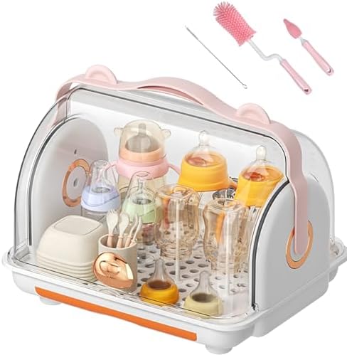 Baby Bottle Drying Rack Storage with Cover, 3 Brushes, Orange by Nollapo