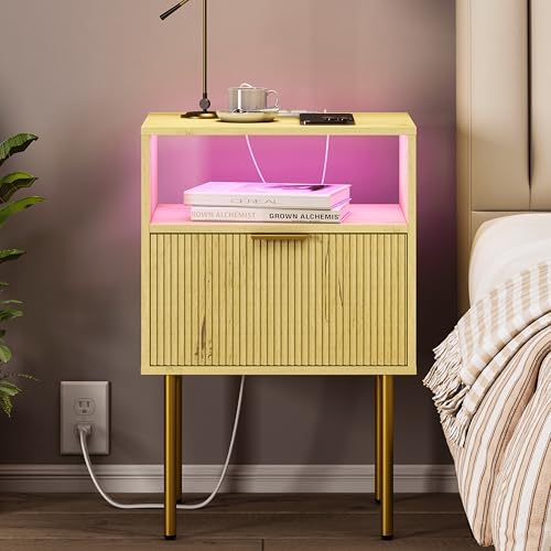 JOONEE Nightstand with Charging Station, Bedside Table with Storage Drawer, Fluted Side Table for Living Room, Bedroom by JOONEE