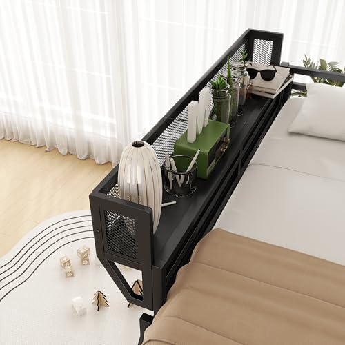 KEIKI Queen Size Metal Loft Bed Frame with Ladder and Built-in Storage Shelves, for Teens, Modern Style Loft Bed with Solid Slats, Guardrail, No Box Spring Required, Easy Assembly, for Bedroom, Black - Image 5