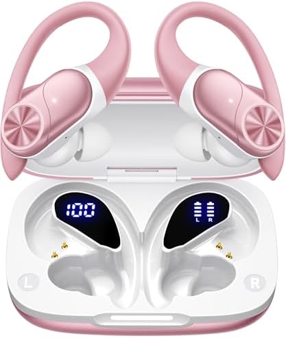 PocBuds Bluetooth Headphones Wireless Earbuds 80hrs Playtime Wireless Charging Case Digital Display Sport Ear Buds with Earhook Deep Bass IPX7 Waterproof Over-Ear Earphones for Phone Laptop Rose Gold by PocBuds