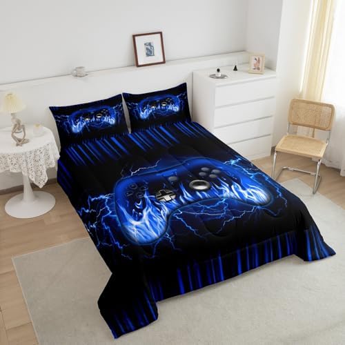 Feelyou Kids Gaming Gamer Bedding Set Toddler Size,Blue and Black Game Contoller Comforter Set for Teens Boys Bedroom Room Decor,Ombre Game Comforter,Geometric Gaming Bed Set - Image 3