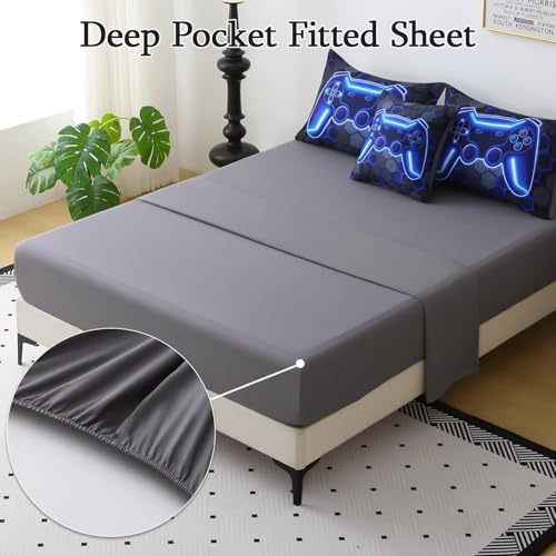 JQinHome Queen Size Gaming Bedding Set 6-Piece Comforter for Boys Teens - 3D Video Game Print Bed in a Bag with Sheets, Blue Cool Black Design (Queen) - Image 4