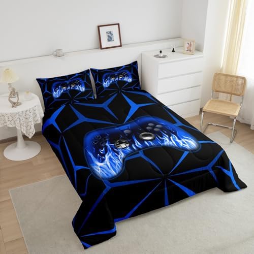 Feelyou Kids Gamer Comforter Set,Gaming Bedding Set Full Size for Boys Girls,3D Geometric Video Game Console Comforter,Blue and Black Game Contoller Bed Set for All Season - Image 3
