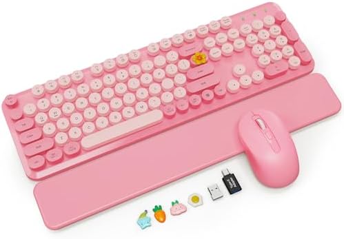 Wireless Keyboard and Mouse Combo, Magnetic Wrist Rest, Round Keycaps, Pink by SABLUTE
